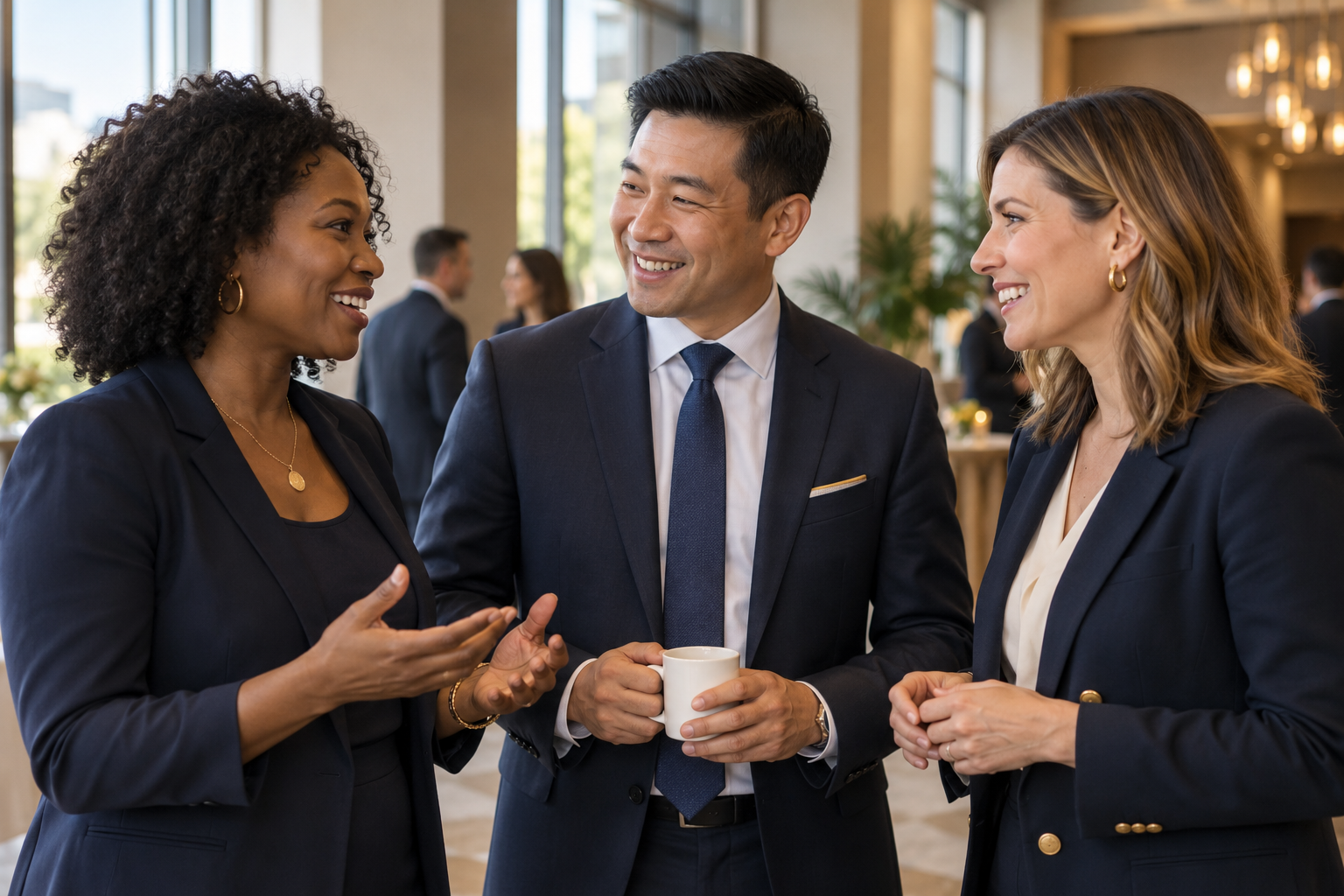 Diverse professional association members smiling in conversation