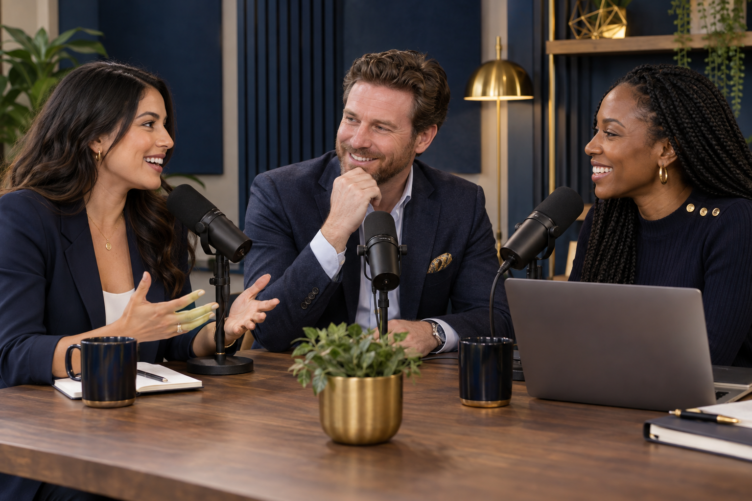Founders, investors and podcasters exchanging ideas in a studio