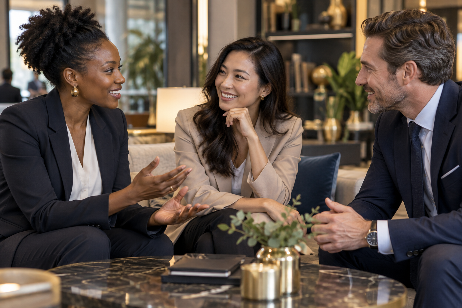 Diverse professionals smiling and facing each other in conversation